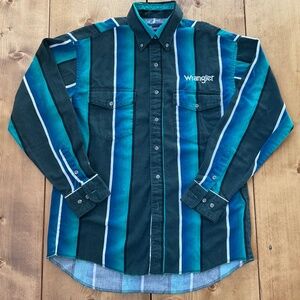 VINTAGE MENS 90s WRANGLER BRUSHPOPPER STRIPED LONG SLEEVE WESTERN COWBOY SHIRT